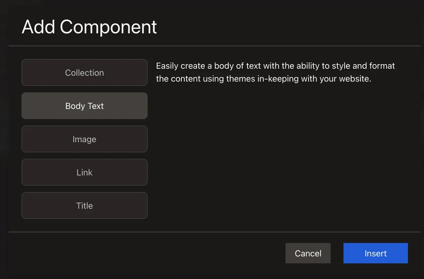 The Add Component dialog listing Collection, Body Text, Image, Link and Title, with Body Text highlighted and its description beside the list