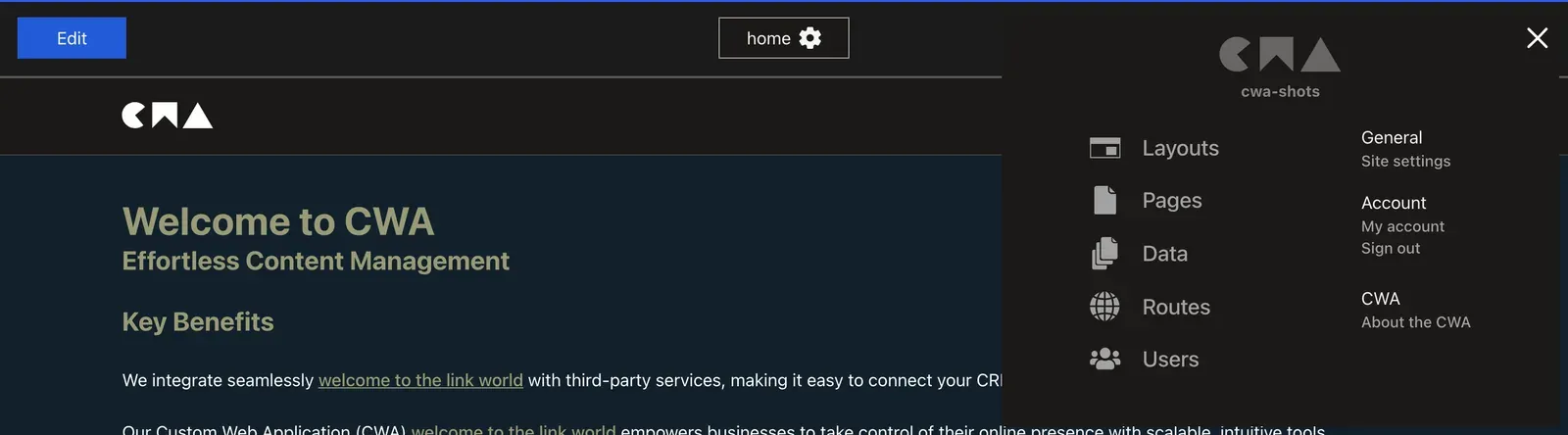 The admin bar across the top of a live page: the Edit button, the current page's name with its settings cog, and the admin menu open on Layouts, Pages, Data, Routes and Users, with Site settings, My account, Sign out and About the CWA beside them