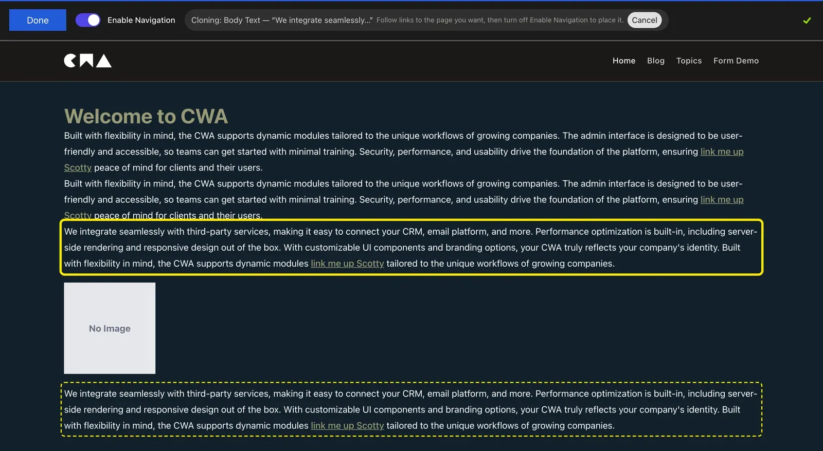 Clone mode on a live page: the "Cloning: Body Text" bar with its hint and Cancel button, the Enable Navigation toggle switched on, the component being cloned outlined in yellow and another instance of it outlined dashed