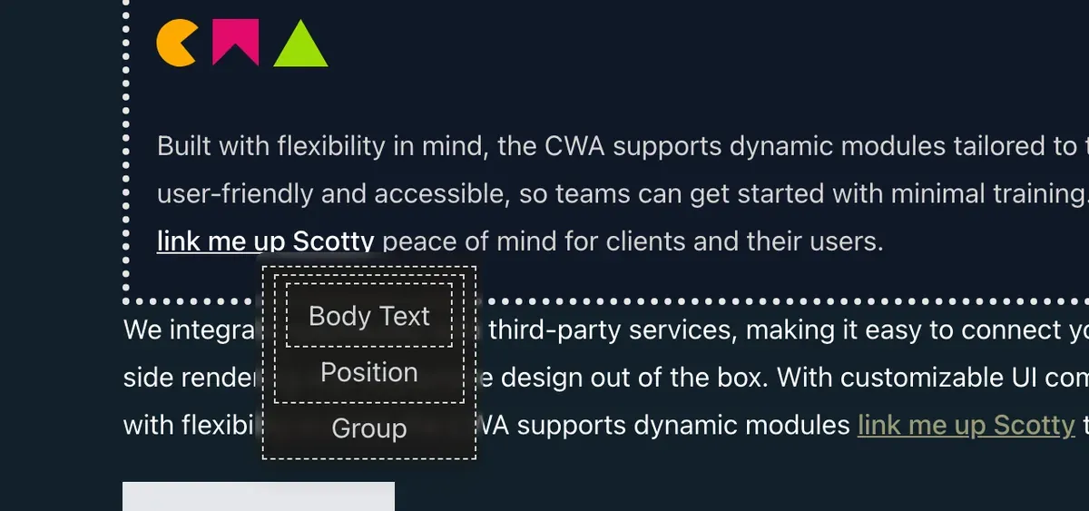 The right-click context menu over a Body Text component, listing Body Text, Position and Group so a parent can be selected