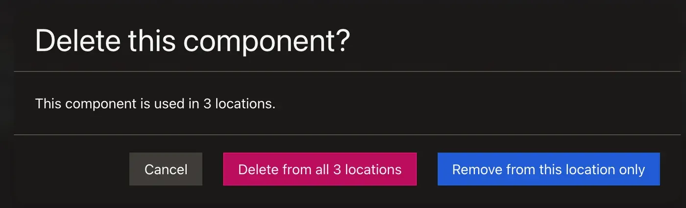 The "Delete this component?" dialog: "This component is used in 3 locations." with Cancel, the red Delete from all 3 locations button and Remove from this location only