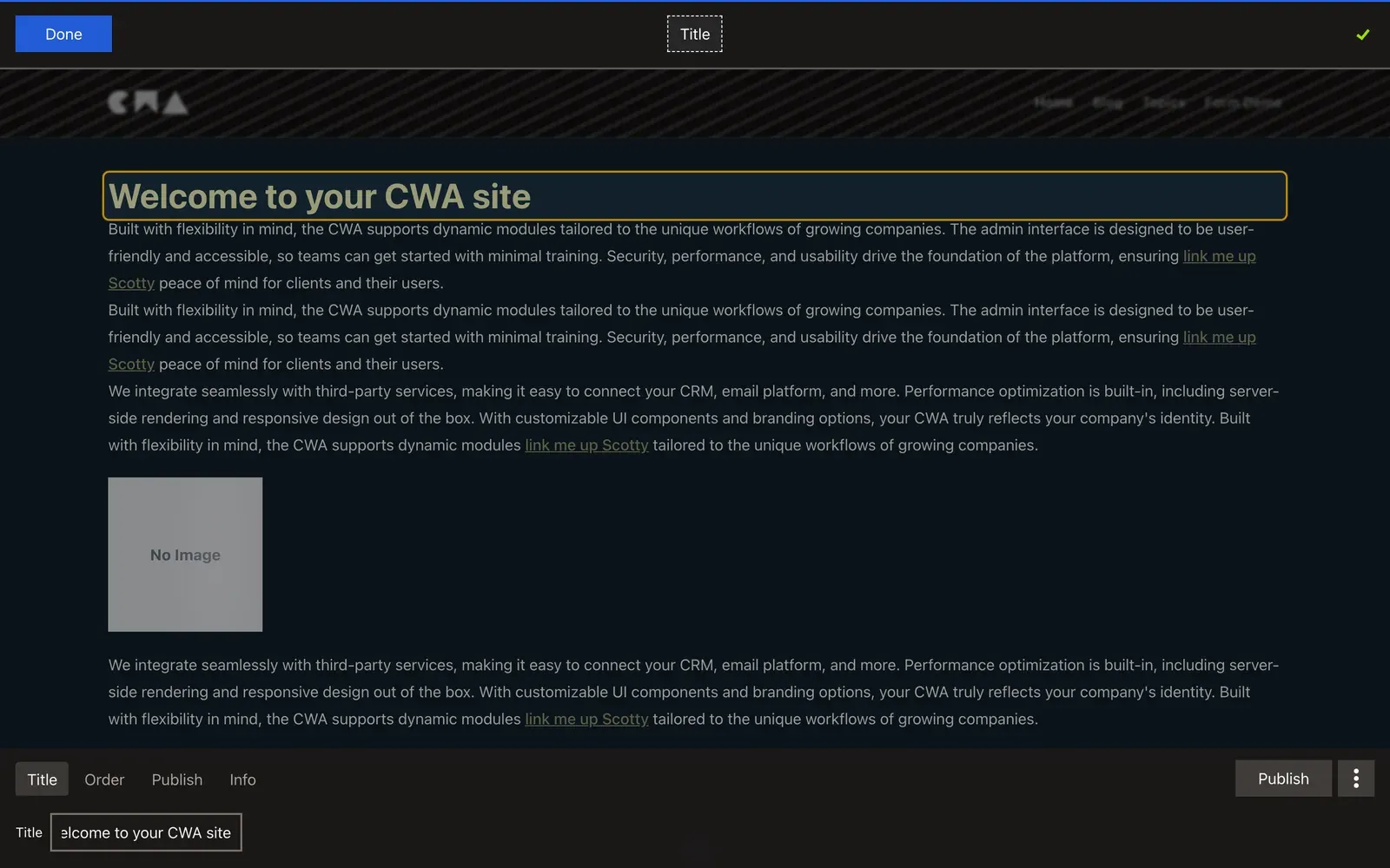 The manager panel on a selected Title: the Title, Order, Publish and Info tabs, the Title field, and the Publish button