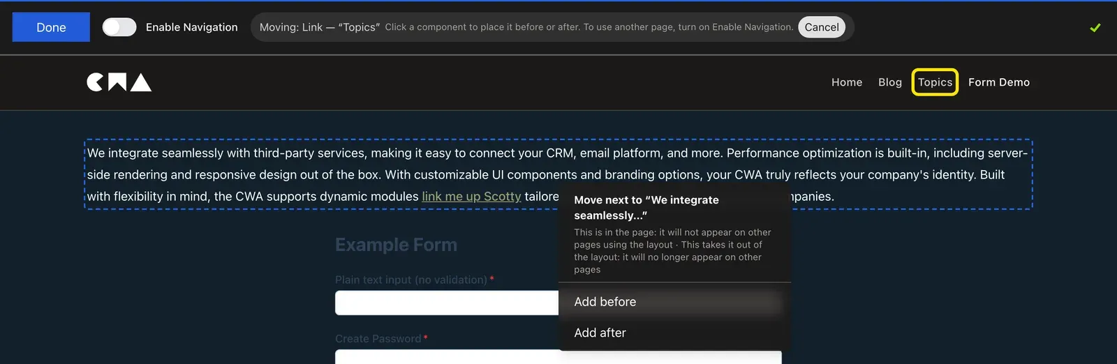 The placement menu while moving the Topics link, headed "Move next to “We integrate seamlessly…”", with the muted line above Add before and Add after saying it will no longer appear on other pages