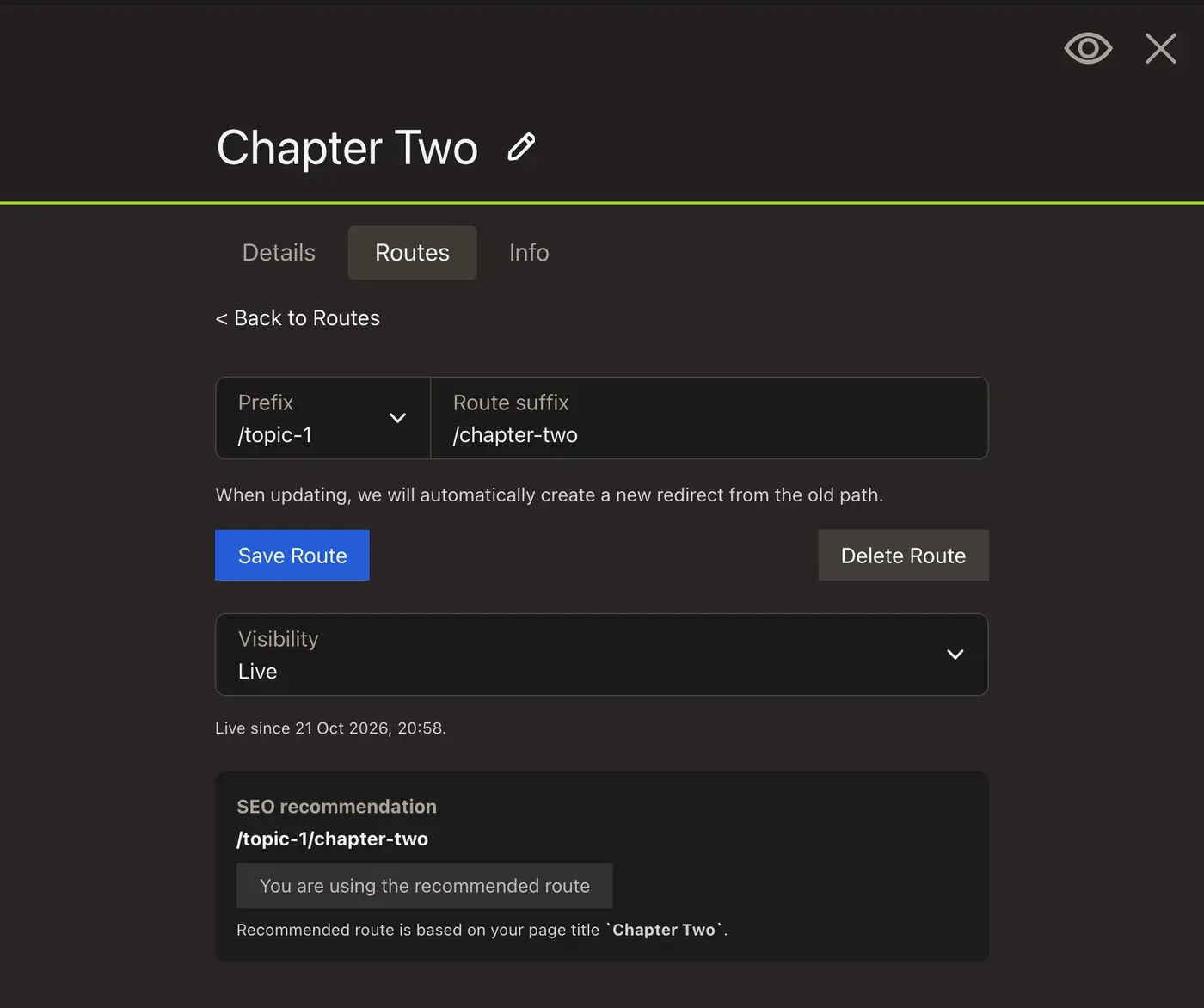 The route path editor for Chapter Two: a Prefix select set to /topic-1 beside the Route suffix /chapter-two, Save Route, the Visibility select, and the SEO recommendation below saying the recommended route is in use