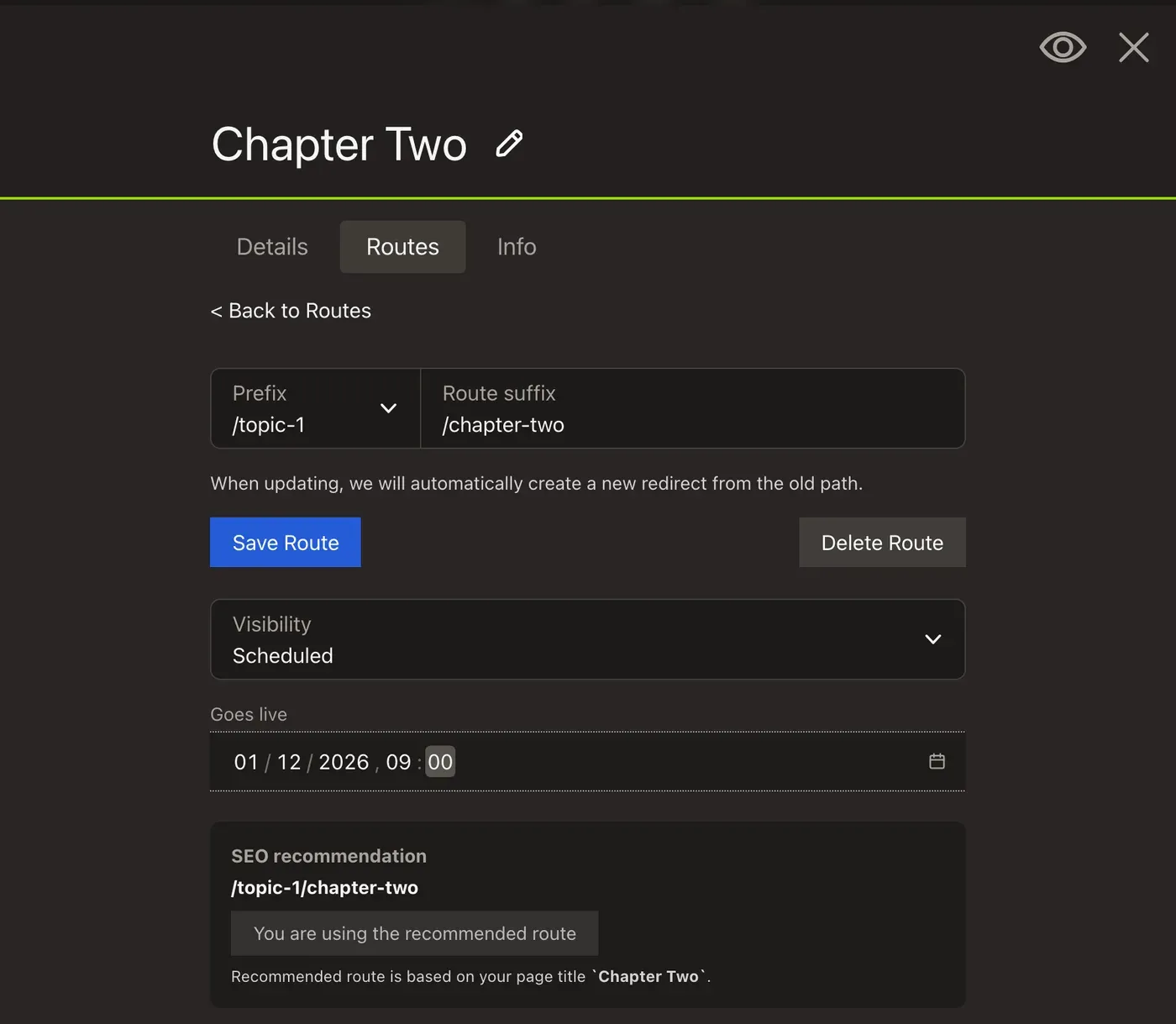 The route editor's Visibility select set to Scheduled, with the Goes live date and time field and its calendar button