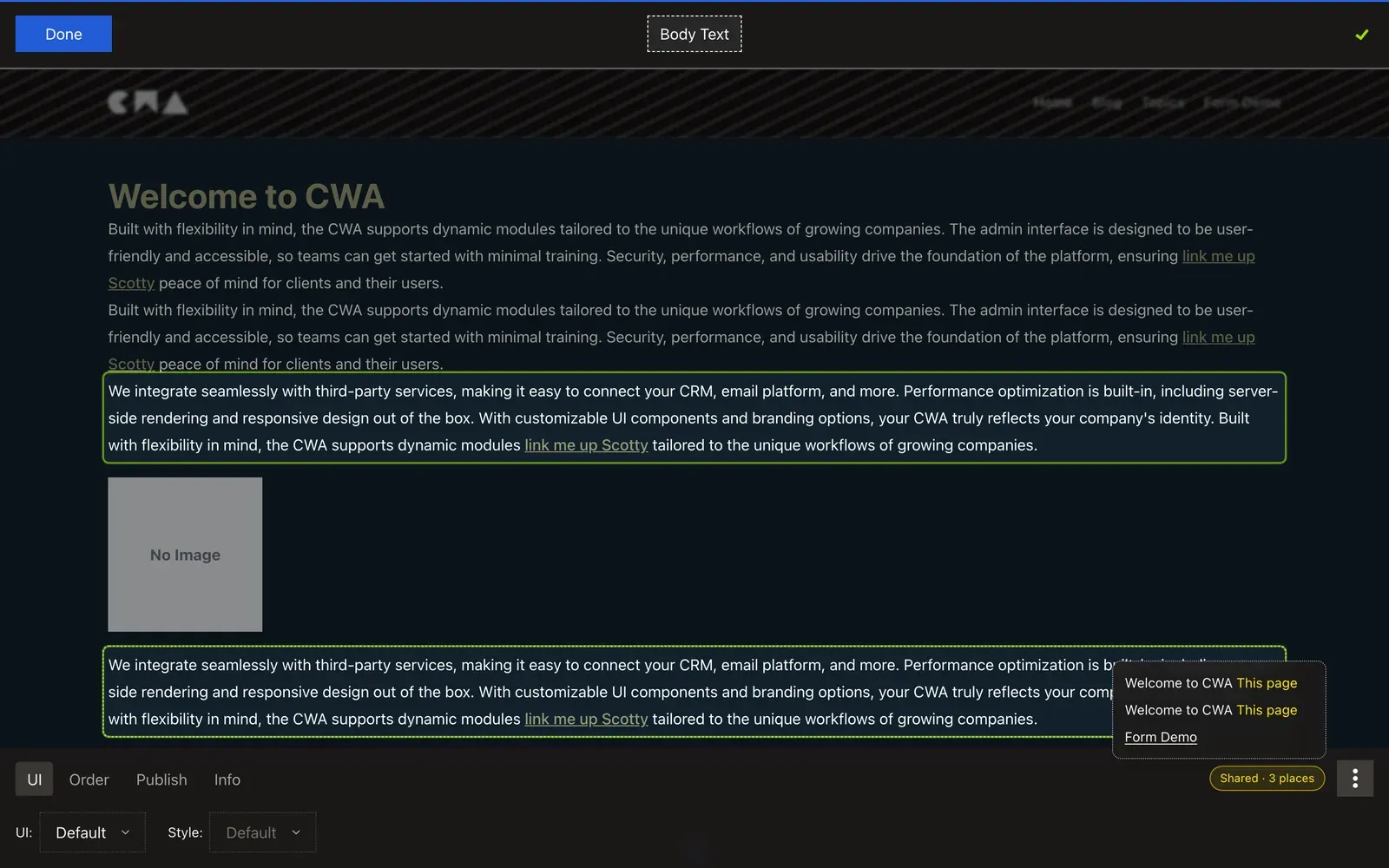 A selected shared Body Text with the "Shared · 3 places" badge open beside the manager panel's tabs, listing the pages it appears on, one marked "This page"