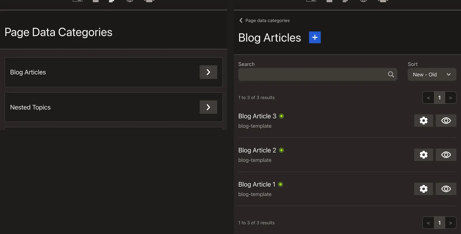 The /_cwa/data listing of page data types, Blog Articles and Nested Topics, beside the Blog Articles record list with three articles