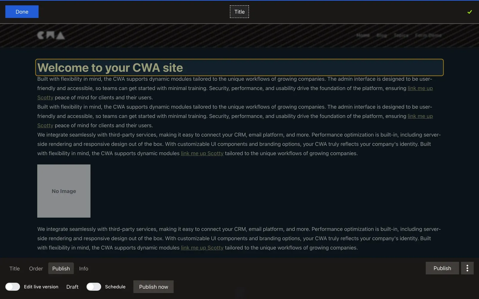 A Title in the manager panel with its Publish tab open: Draft, the Schedule toggle, Publish now, and the Publish button