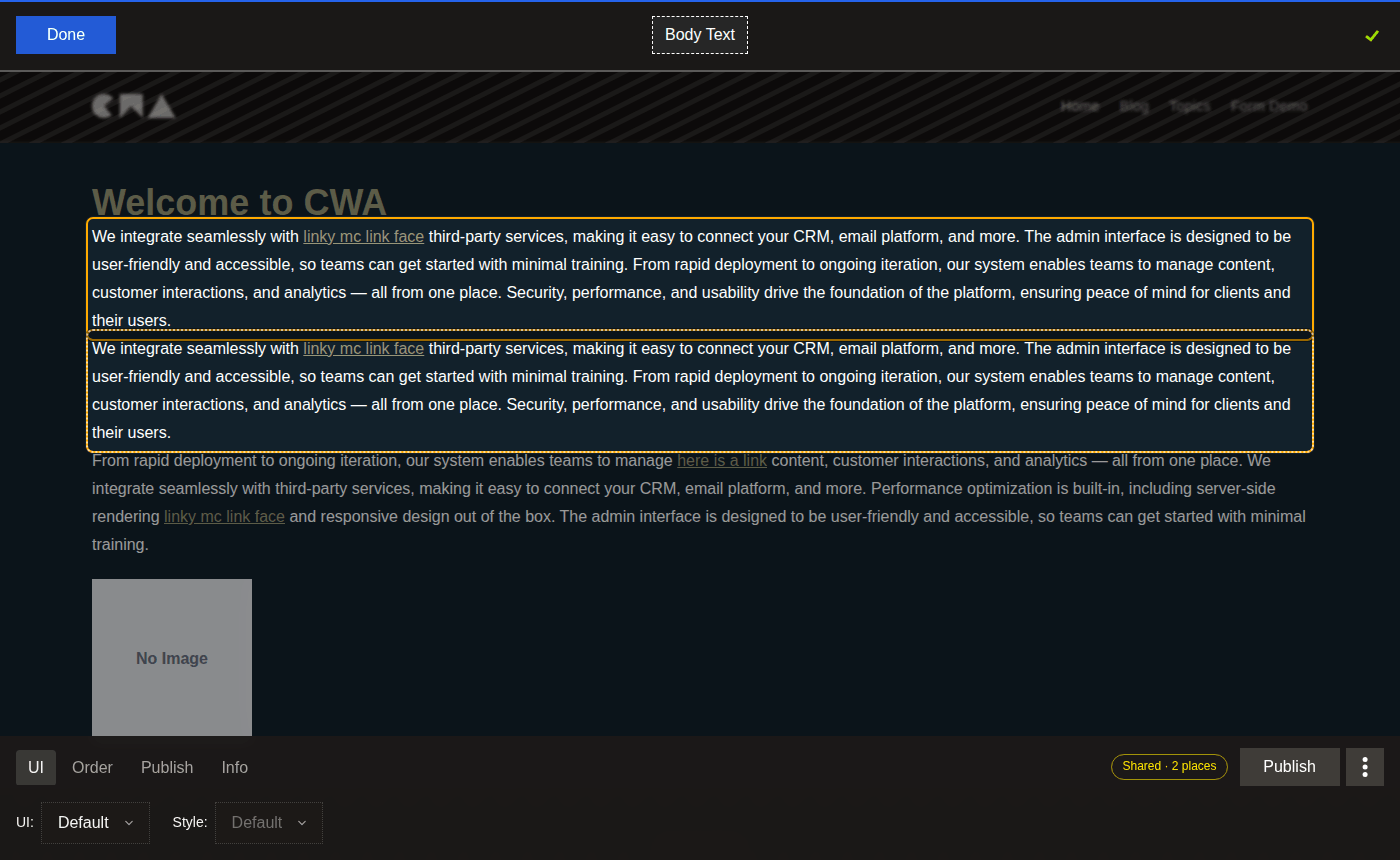 A page in edit mode: the admin bar with Done at the top, a Body Text component selected and outlined, and the manager panel at the bottom with its UI, Order, Publish and Info tabs