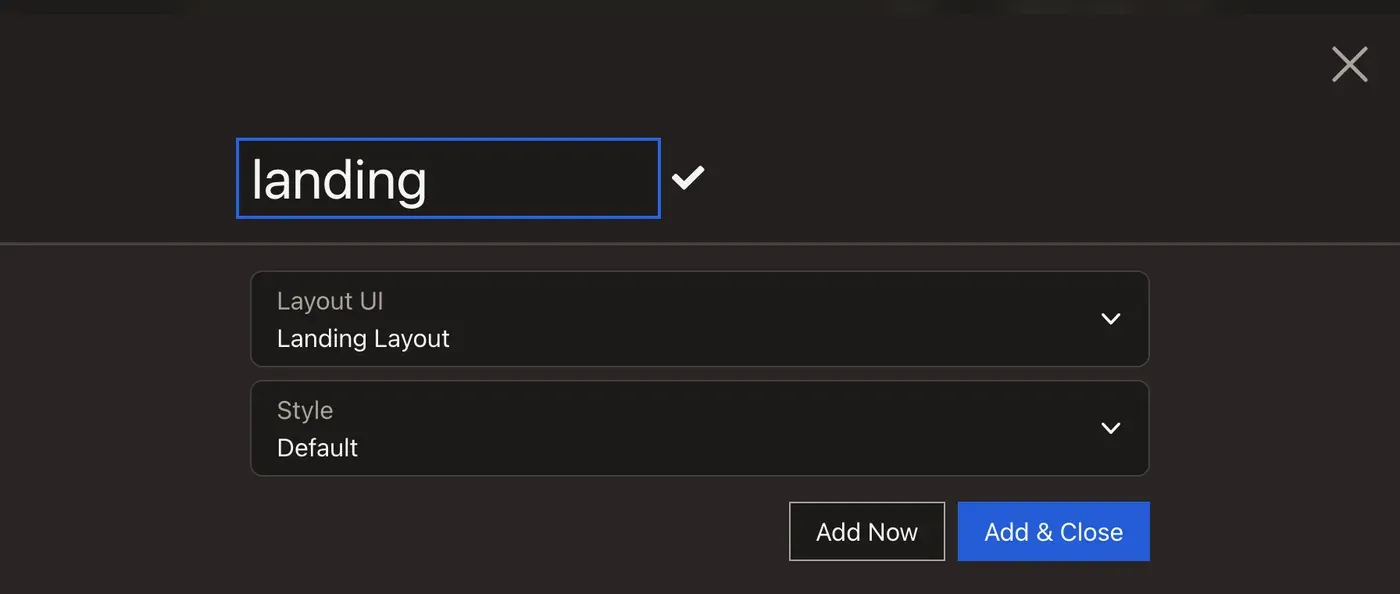 The admin create layout form with the reference landing and Landing Layout chosen as the Layout UI