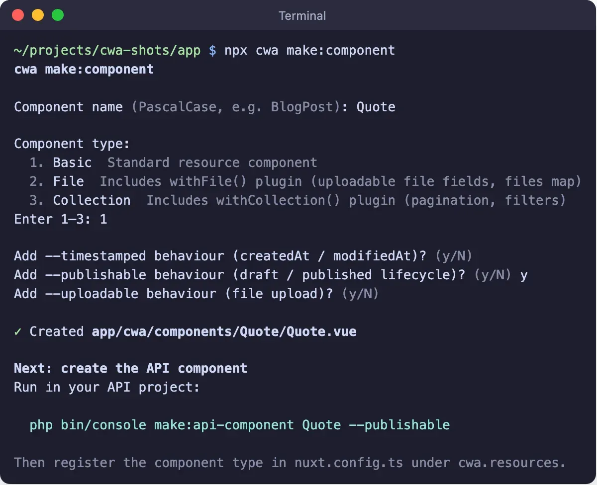 The npx cwa make:component prompts in a terminal: name, type and behaviour questions, ending with the created file path and the php bin/console make:api-component Quote --publishable command it prints