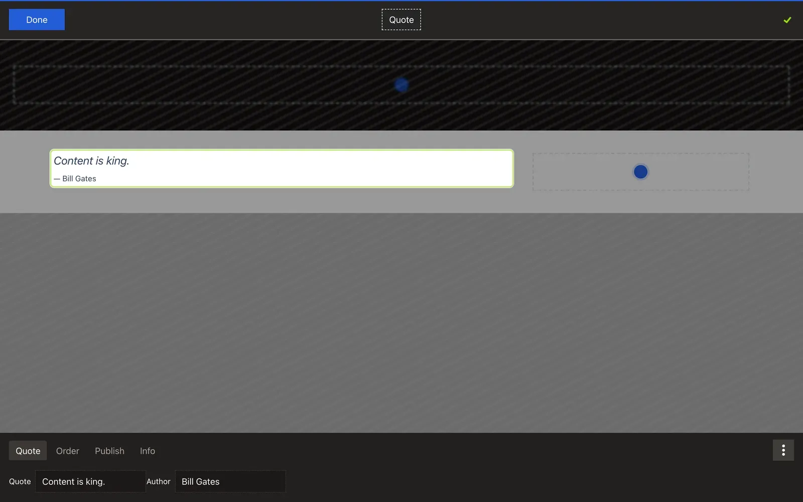 The manager panel open on a Quote component, showing the Quote admin tab with its quote and author inputs