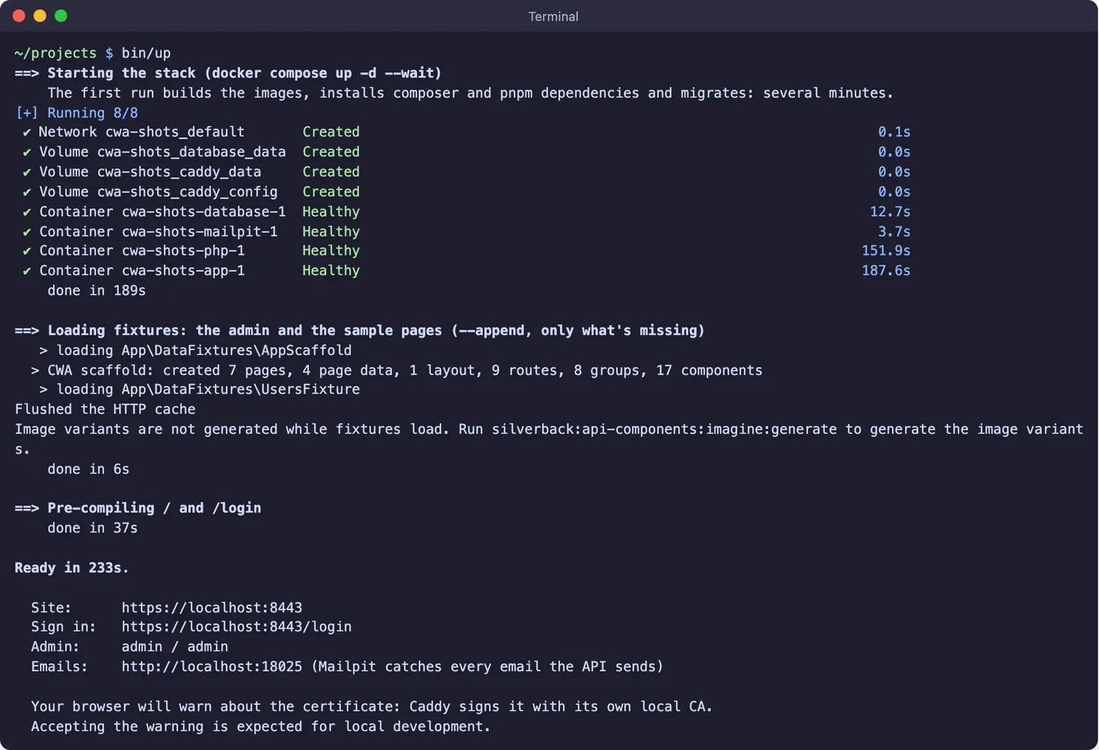 A terminal at the end of bin/up: each step's done line, then the Site, Sign in, Admin and Emails lines