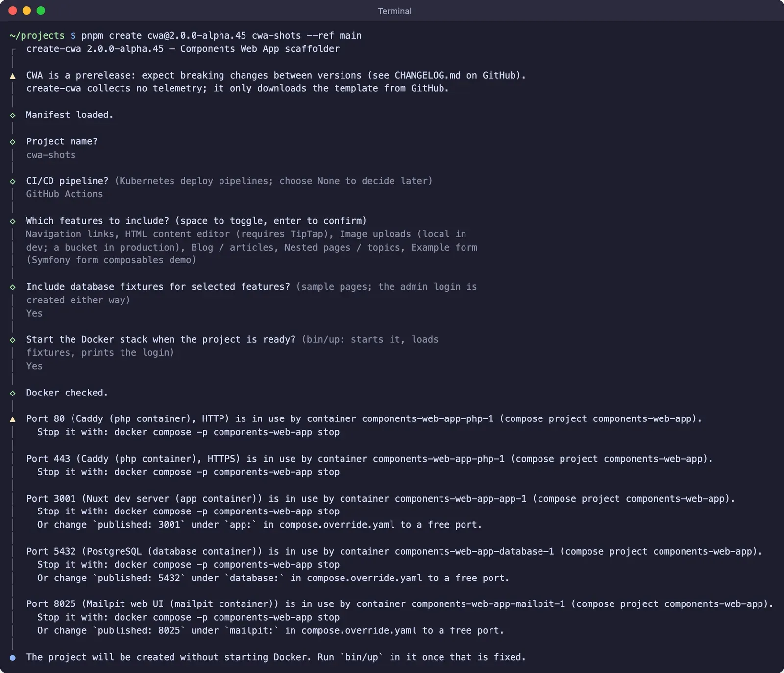 The create-cwa prompts in a terminal, ending with the Docker check reporting ports 80, 443, 3001, 5432 and 8025 in use by another Compose project, the command to stop it, and the project being created without starting Docker