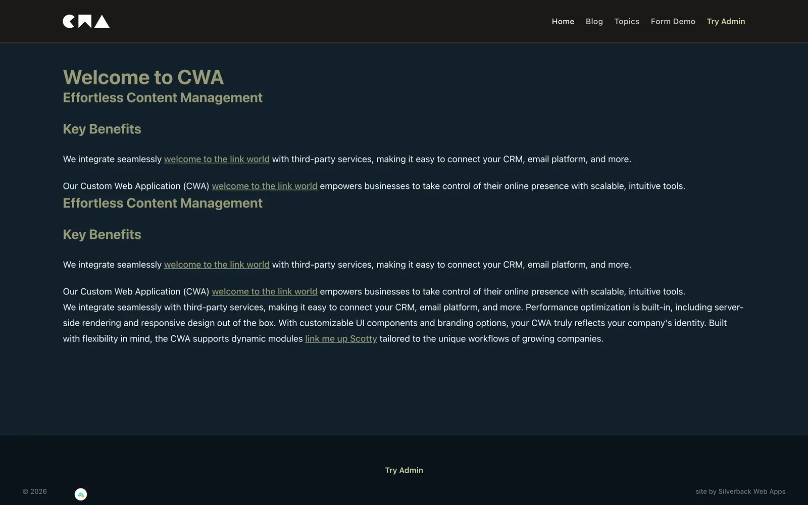 The freshly scaffolded site with the fixture content loaded: the CWA logo, the Home, Blog, Topics and Form Demo links, and the Welcome to CWA page