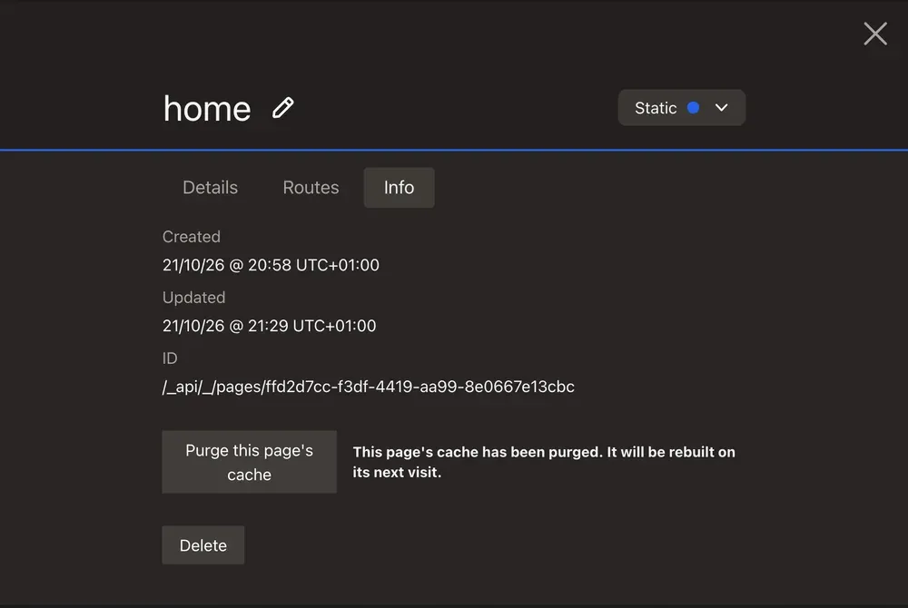 The page settings Info tab with the Purge this page's cache button and the message beside it: "This page's cache has been purged. It will be rebuilt on its next visit."