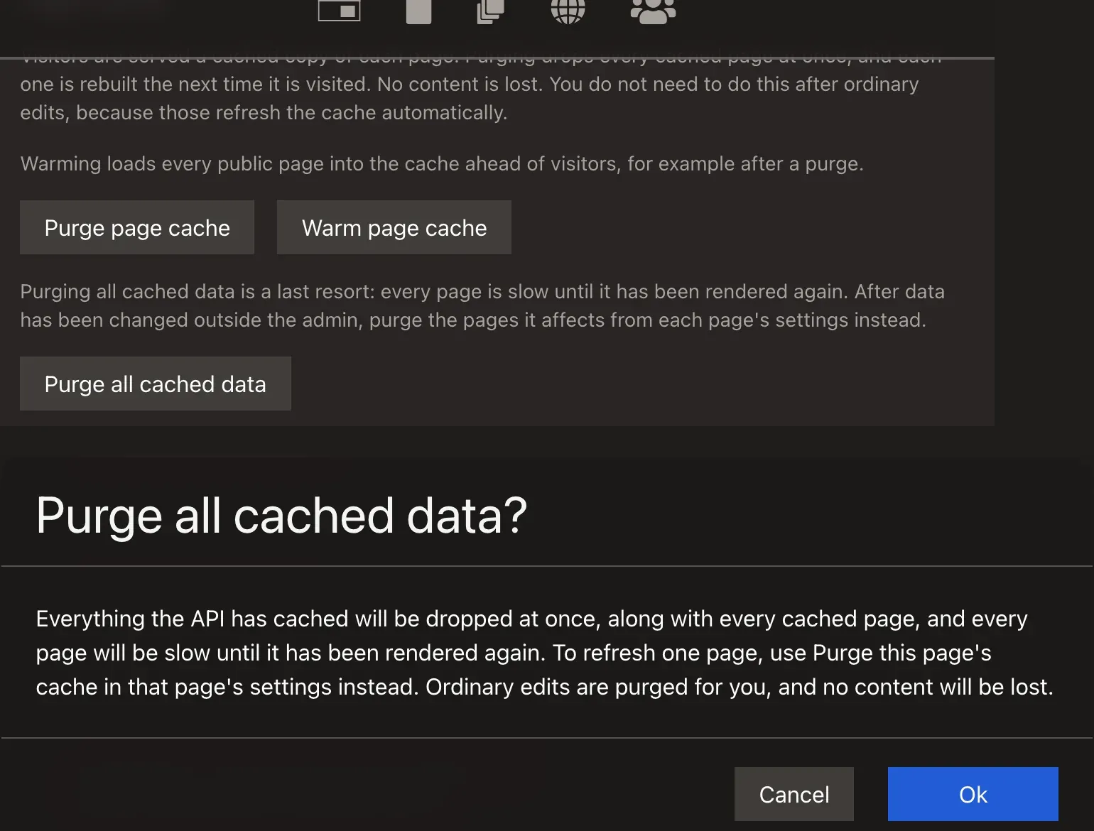 Site settings with the Purge page cache, Warm page cache and Purge all cached data buttons, above the "Purge all cached data?" confirmation dialog