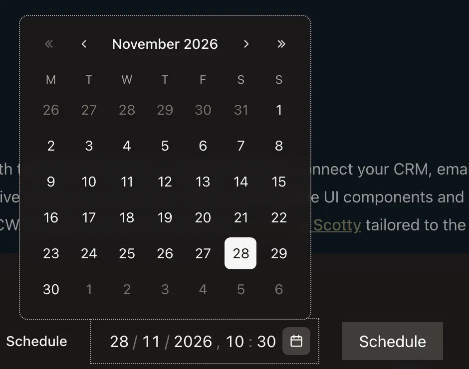 CwaUiDatePicker with its calendar popover open: the November 2026 month grid with the month and year controls above it, and the date and time segments and calendar button in the field below