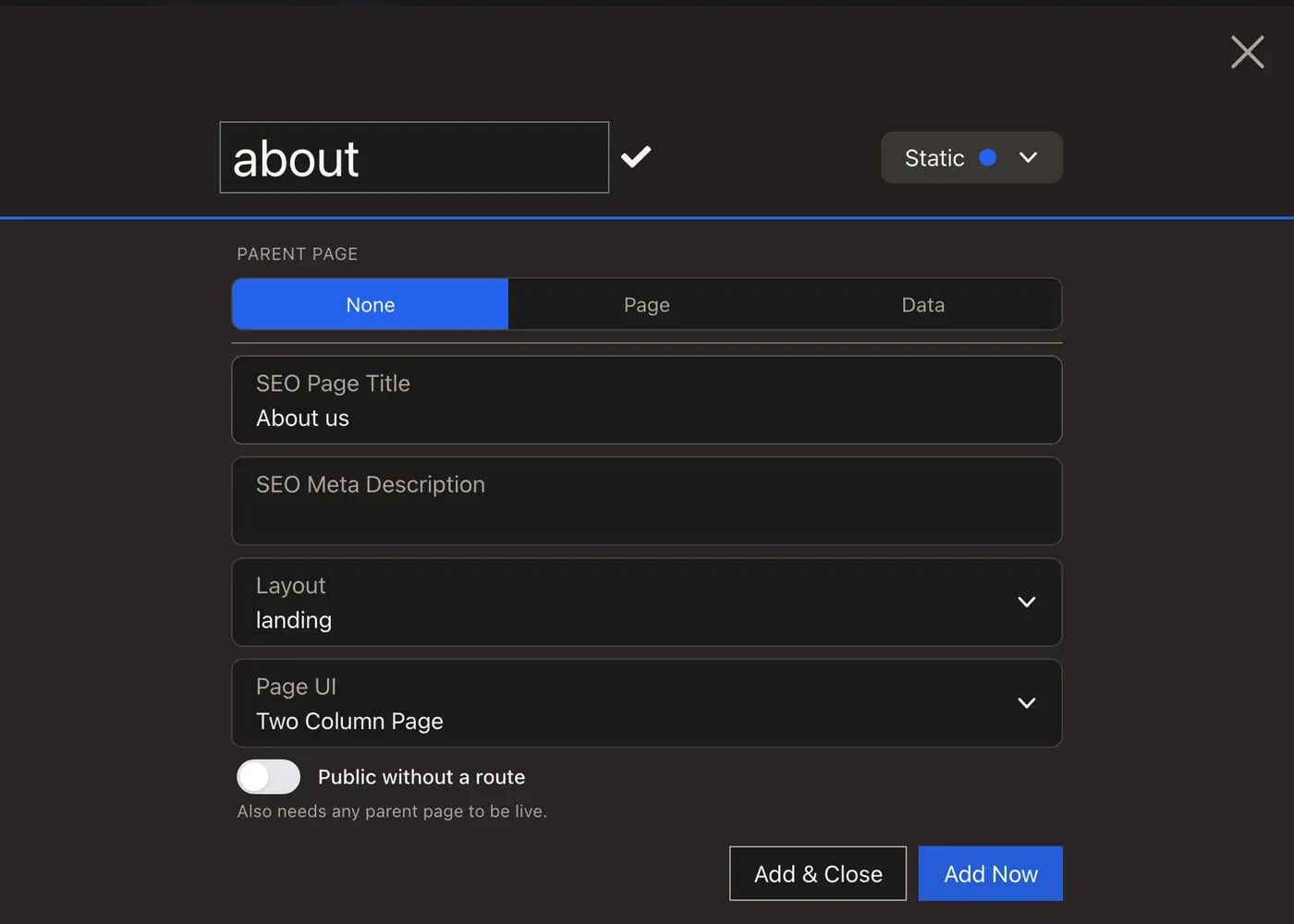 The admin create page form with Two Column Page as the Page UI and the landing layout selected