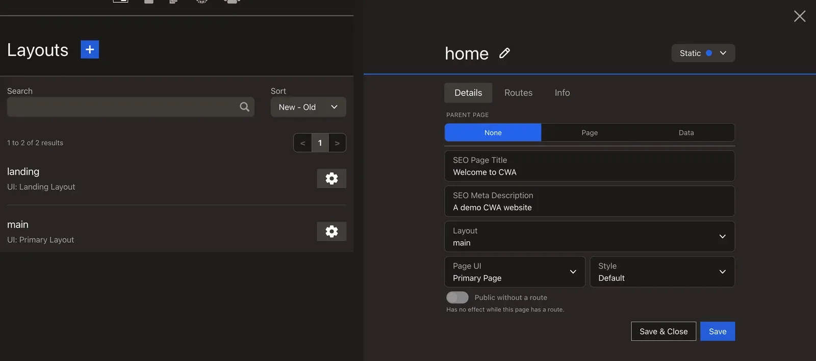 The /_cwa/layouts listing with the landing and main layouts, beside the home page's settings with main chosen as its Layout